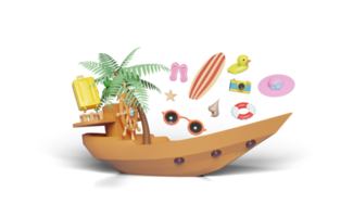 3d zomer reizen met boot roer, koffer, palm boom