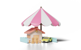 3d house with wooden doll figures family, umbrella, car png