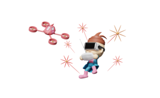 3d cartoon character boy playing with flying drone isolated png