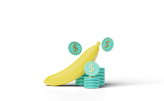 3d gelbe Banane mit Geld gestapelter Münze isoliert png