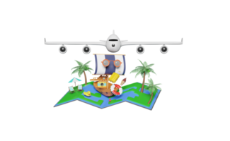 3d summer travel with ship, plane, map, pin png
