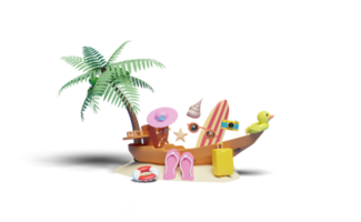 3d boot met roer, koffer, palm boom, reddingsboei geïsoleerd png