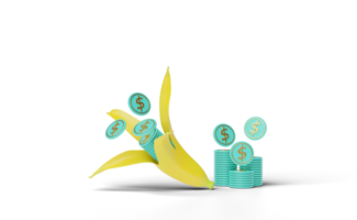 3d yellow banana with money stacked coin  isolated png