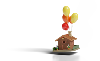 Maison en bois modèle 3D avec ballon, pot de fleurs, clôture png