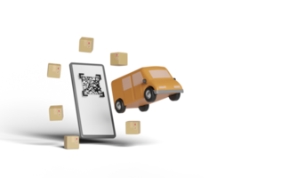 camión naranja 3d, camioneta de reparto con teléfono inteligente, escaneo de código qr png