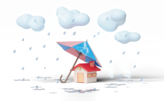 3d house with umbrella, cloud, drop rain water png