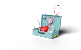 first aid kit bag with stethoscope, syringe, red heart png