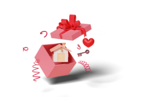 Casa 3d con llave en caja de regalo rosa, corazón rojo aislado png