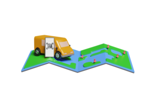 3d delivery van with smartphone, map, pins, qr code scanning png