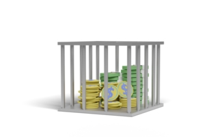 cédula de dinheiro 3d com pilhas de moedas na gaiola de ferro png