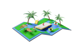 3d summer travel with smartphone, map, pin, umbrella png