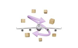 entrega 3D com avião de passageiros, caixa de mercadorias isolada png