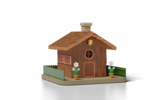 casa de madeira modelo 3d com vaso de flores, cerca isolada png