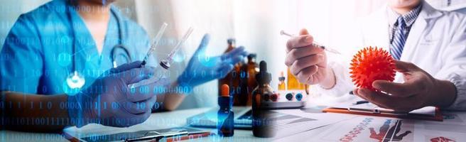 Medicine doctor hand working on a patients x-ray scans digital healthcare and connection with modern virtual screen interface icons, Medical technology and network concept. photo