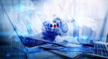 Double exposure of technology healthcare And Medicine concept. Doctors using digital tablet and modern virtual screen interface icons panoramic banner, blurred background. photo