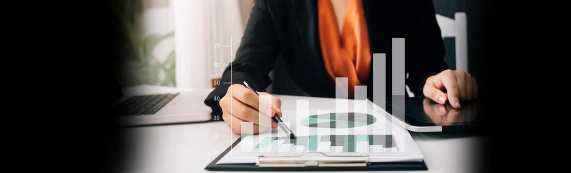 Business team meeting to conference, collaboration discussing working analyzing with financial data and marketing business strategy project, presentation and brainstorming to making profit of company photo