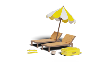 Voyage d'été 3d avec valise jaune, chaise de plage, parapluie png