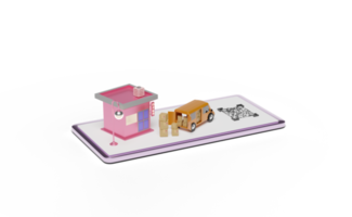 3d delivery van with store front, smartphone, qr code scan png
