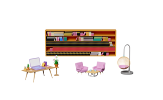 Mesa 3D no escritório com computador portátil na mesa, livro, livro, xícara de café, cadeira de recepção de sofá, prateleiras de livros na biblioteca, cadeira suspensa isolada. ilustração de renderização 3D png