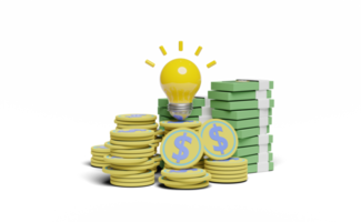 3d Money banknote with yellow light bulb, coins stacks png