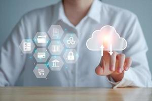Hand touch virtual cloud computing upload and download data with icon security, database server, banking, payment online, digital marketing. internet of things, business process. various storage. photo