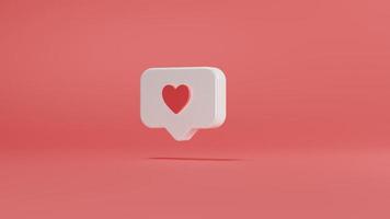 icono de corazón de amor de notificación de redes sociales en pin cuadrado redondeado blanco aislado en fondo de pared rosa con sombra simple y elegante. Representación de ilustración 3d moderna y de moda foto