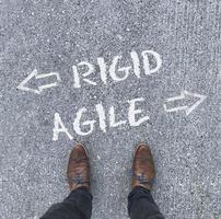Project approach - the words Rigid and Agile written on the floor, with arrows pointing in opposite directions photo