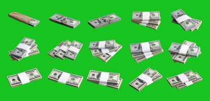 gran conjunto de fajos de billetes de dólares estadounidenses aislados en clave cromática verde. collage con muchos paquetes de dinero americano con alta resolución en un fondo verde perfecto foto
