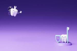 Cute cartoon 3d render illustration with tooth characters, tooth fairy and tooth guard photo
