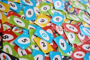 Many colorful UNO game cards. UNO is an American shedding-type card game that is played with a specially printed deck photo