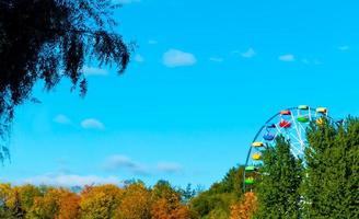 landscape of an amusement park with the top of a Ferris wheel showing above the tree tops against a blue sky. photo