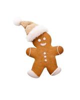 Gingerbread man, cookies and Christmas decor on pastel background. photo