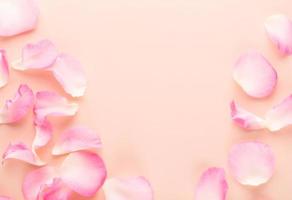 Rose flowers petals on pastel background. Valentines day background. Flat lay, top view, copy space. photo