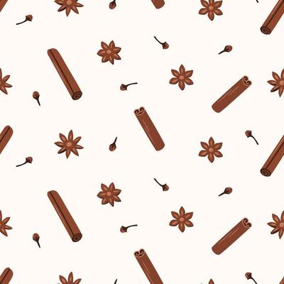 Seamless pattern Cinnamon sticks anise and cloves, fragrant spices, vector illustration