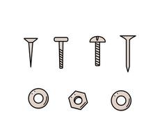 Nails screws and nuts washers, vector doodle set of building elements