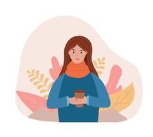 una chica con una taza de café en el fondo de un patrón de otoño. ilustración vectorial, concepto de calor de otoño vector