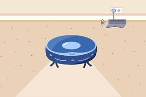 robot vacuum cleaner. The interior of the room, the concept of home cleaning and automation of Household. Remote charging station. Vector illustration of a flat cartoon style