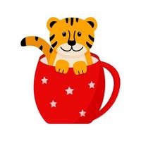 A cute cartoon tiger in a sitting in a red cup. Vector illustration, the concept of Christmas and New Year