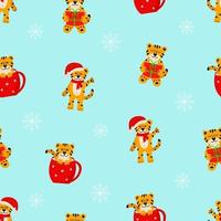 Seamless pattern of Christmas tiger, cute cartoon symbols of the year. Vector illustration, the concept of Christmas and New Year