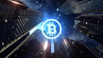sinal de bitcoin contra um fundo dinâmico de centro de negócios. conceito de moeda digital