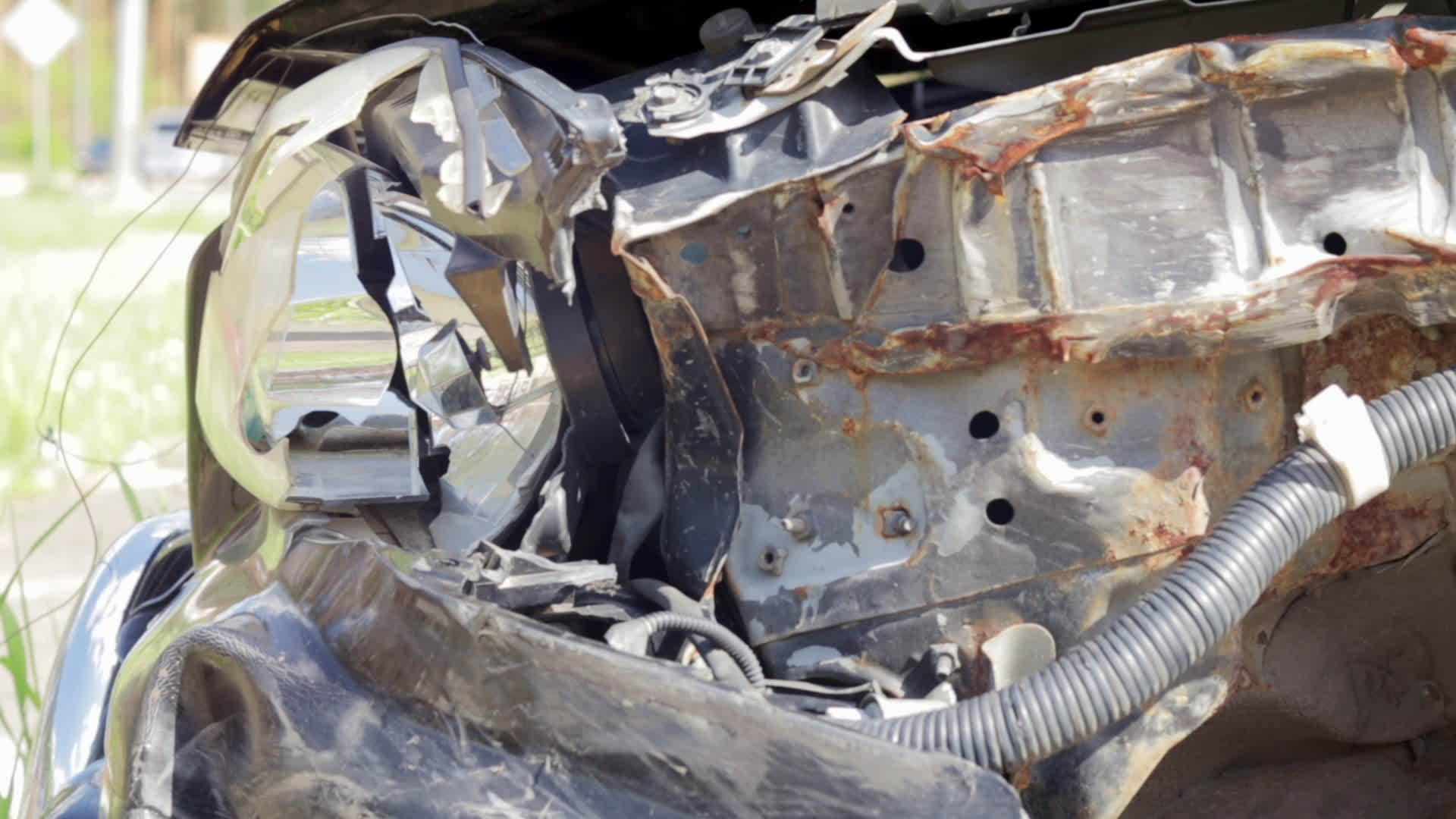 Broken car after an accident. The body of a car is damaged in a severe