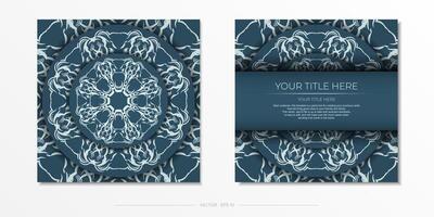 Square postcard in blue color with a luxurious light ornament. Vector design of invitation card with vintage patterns.