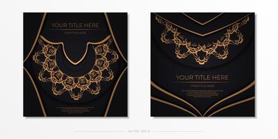 Square postcards in black with luxurious gold ornaments. Invitation card design with vintage patterns. vector