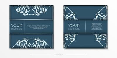 Square vector blue color postcard template with luxury light patterns. Print-ready invitation design with vintage ornaments.