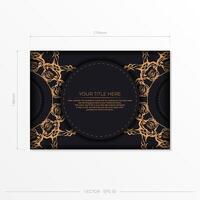 Rectangular Vector Black Color Postcard Template with Luxurious Gold Patterns. Print-ready invitation design with vintage ornaments.