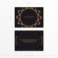 Rectangular Vector Black Color Postcard Template with Luxurious Gold Patterns. Print-ready invitation design with vintage ornaments.