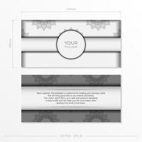 White postcard template with black patterns. Print-ready invitation design with mandala ornament. vector