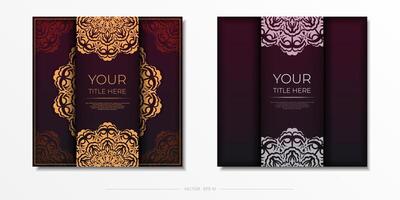 This is a burgundy color vector postcard template with vintage patterns. Print-ready invitation design with mandala ornament.