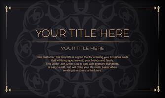 Invitation card design with vintage patterns. Black banner with luxurious ornaments and place for your text. vector
