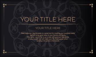 Invitation card design with vintage patterns. Black banner with luxurious ornaments and place for your text. vector